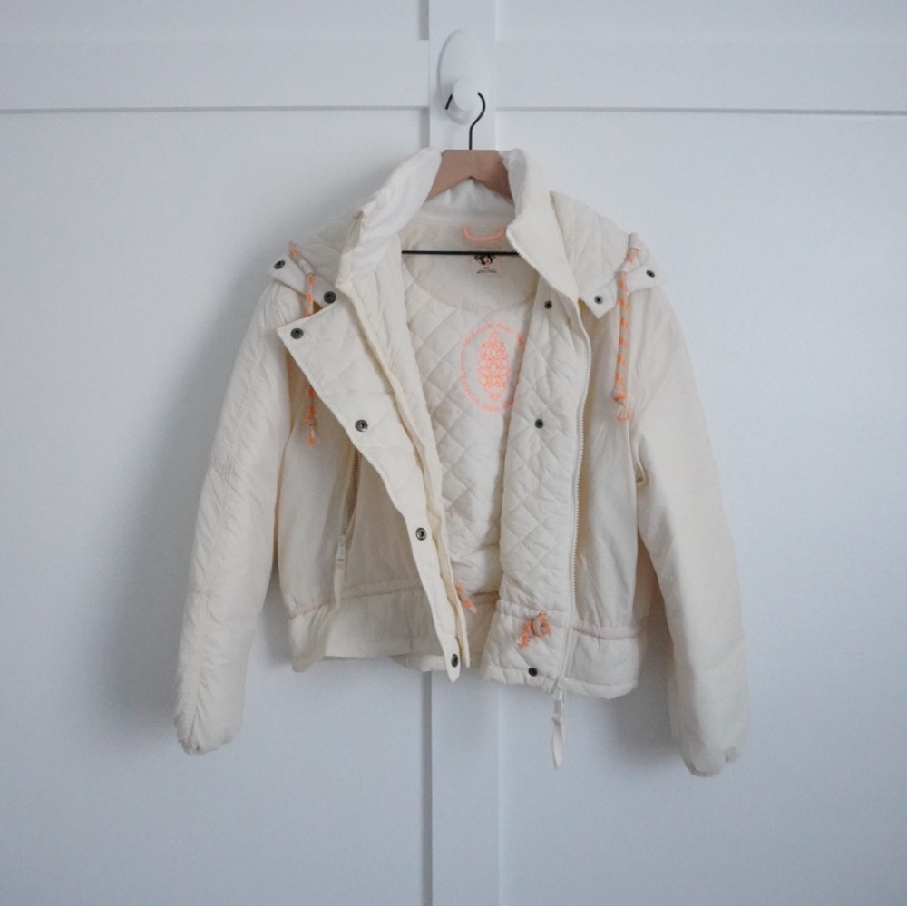 Free People Cream Quilted Hooded Puffer Jacket with Peach Accents